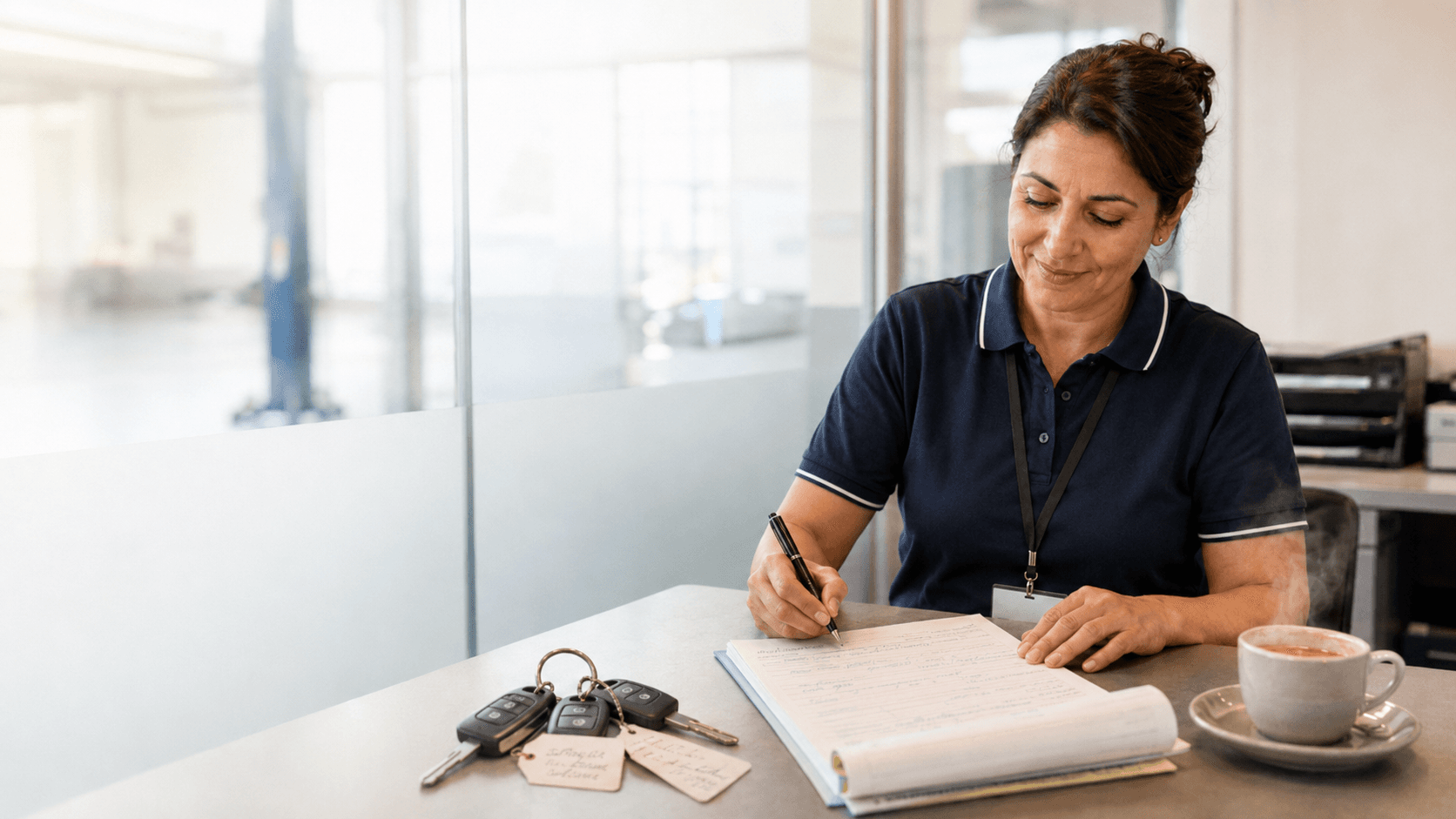 Service-Beraterin im Autohaus, Frau mit navy Polo am Annahme-Counter mit Schlüsseln, Auftrags-Pad und Kaffee, helles Tageslicht durch Glaspartition zur Werkstatt.