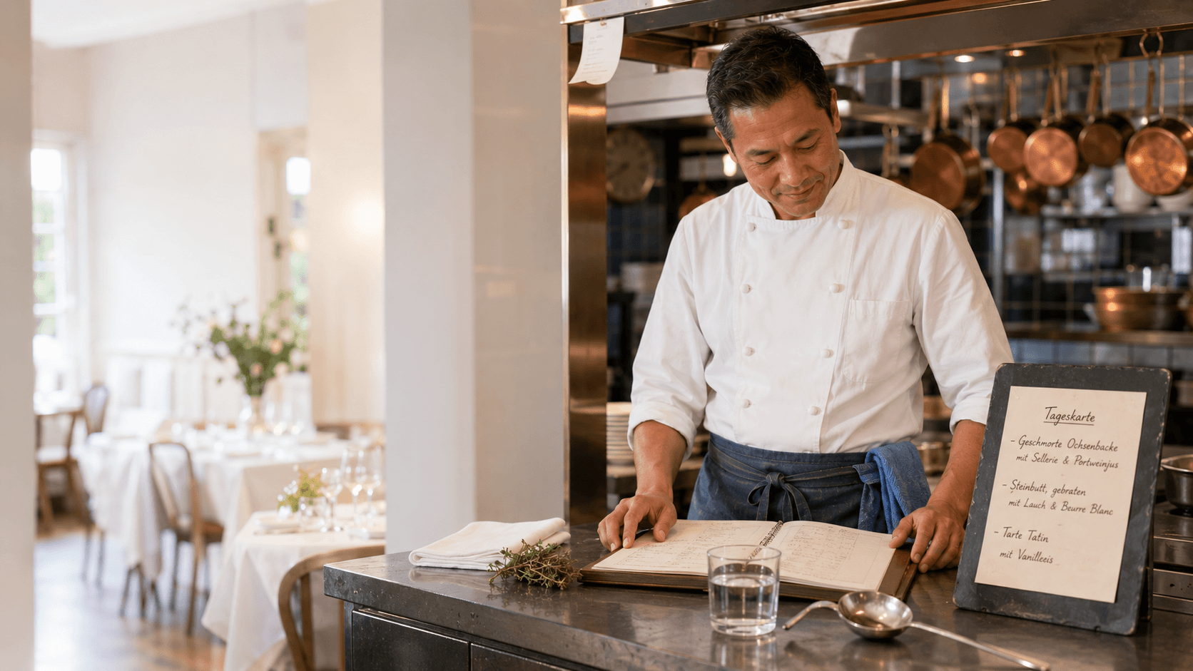 Restaurant-Pass-Kitchen vor Service, Koch in weißer Doppelreihen-Jacke und Denim-Schürze prüft das Reservierungsbuch, helles Tageslicht, Speisesaal im Hintergrund.