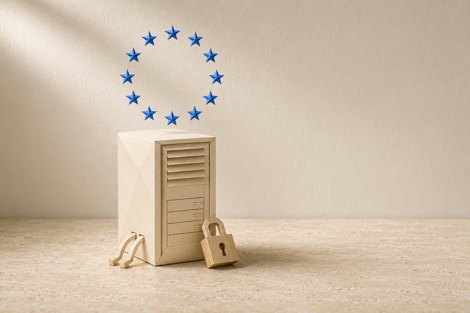 Ein Serverschrank aus gefaltetem Papier mit einem Kranz aus zwölf EU-Sternen und einem Papier-Vorhängeschloss.